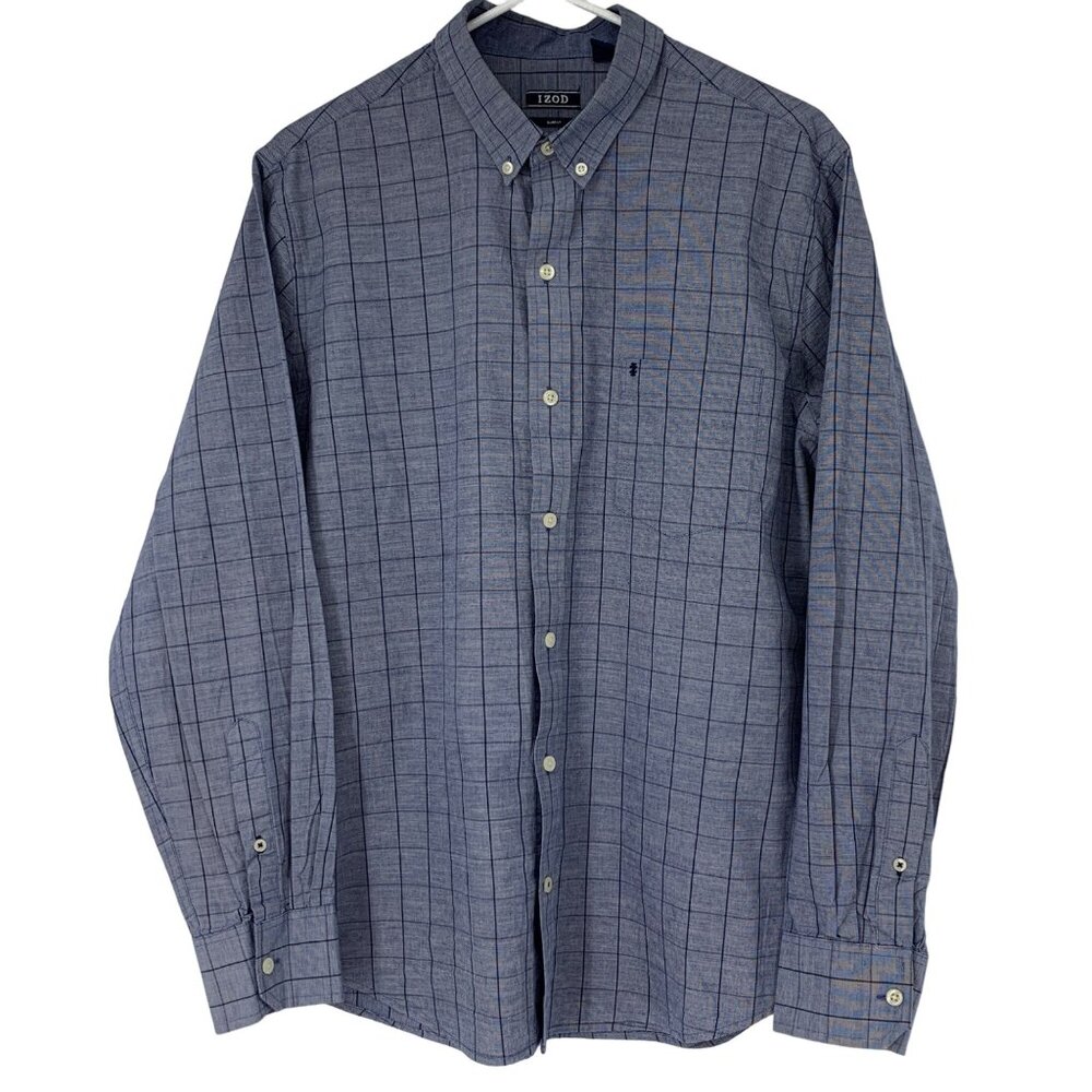 Mens Izod Slim Fit Large Blue Check Shirt Button Up Dress 2850 Long Sleeve